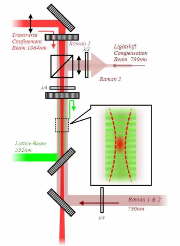 FIG. 6: Experimental setup. The laser beams for optical trap- trap-ping (lattice at 532 nm and transverse confinement at 1064 nm) and Raman spectroscopy (780 nm) are superimposed  us-ing dichroic optics.