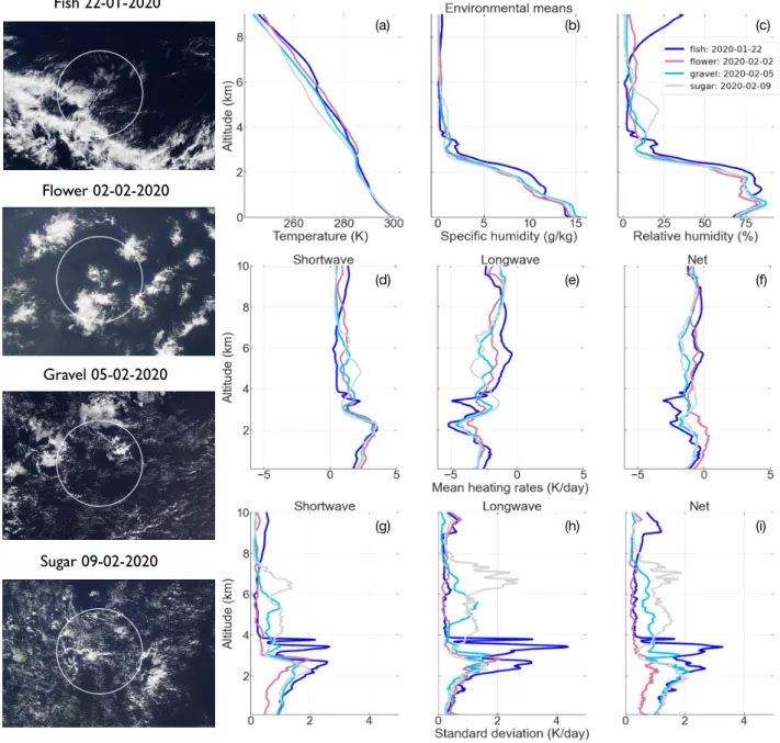 Figure 5. Thermodynamic (a-c), daily mean radiative heating (d-f), and daily standard deviation of radiative heating (g-i) profiles classified by mesoscale organization pattern, using a characteristic example of each type as diagnosed from snapshots from G