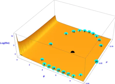 Figure 7: Plot of the Riemannian measure inside SE Boundary (0.99, 100) (truncated el- el-lipse); the reference distribution θ Boundary is represented by the black point.