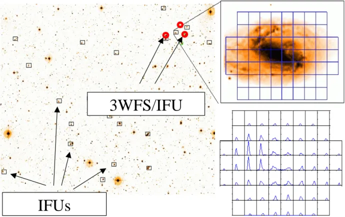 Figure 3: a schematic view of the FALCON concept with several IFU in a wide field (Φ=25 arcmin)