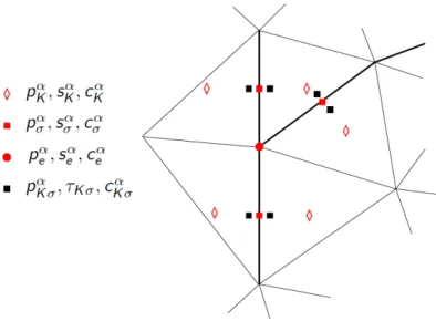 Figure 4: Discrete unknowns of the compositional two-phase flow model on an orthogonal triangular mesh discretized with the two-point flux approximation