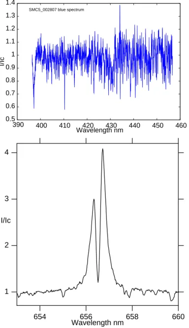Fig. A.4. Spectra of the cool supergiant SMC5 002807, top: blue spectrum; bottom: zoom on Hα.