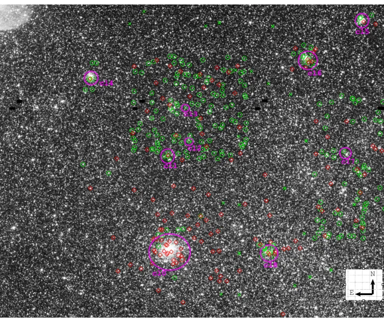 Fig. 1. Part of the SMC5 ﬁeld from EIS pre-FLAMES survey (Momany et al. 2001). Red diamonds are for Be stars, red squares for the other emission line stars, small green circles are for non-emission line stars (mainly B-type stars), green crosses for the sk