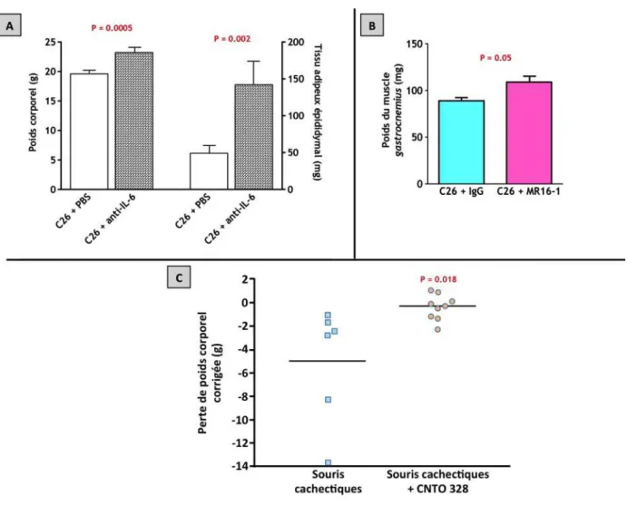 Figure  17 :  L’utilisation  d’anticorps  anti‐IL‐6  ou  d’inhibiteur  d’IL‐6  prévient  le  développement  de  la  cachexie associée au cancer. 