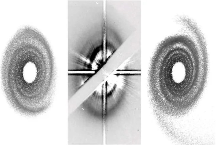Fig. 4. Best solutions for the flyby scenario on a retrograde orbit (left panel) and on a prograde (right panel orbit, compared to the observations from Mouillet et al