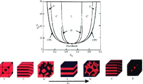 Figure 1.4: Typical phase diagram of diblock copolymers showing the spherical (S), cylindrical (C), gyroid (G) and lamellar (L) morphologies, depending on the composition ν A and combination parameter χ AB N 