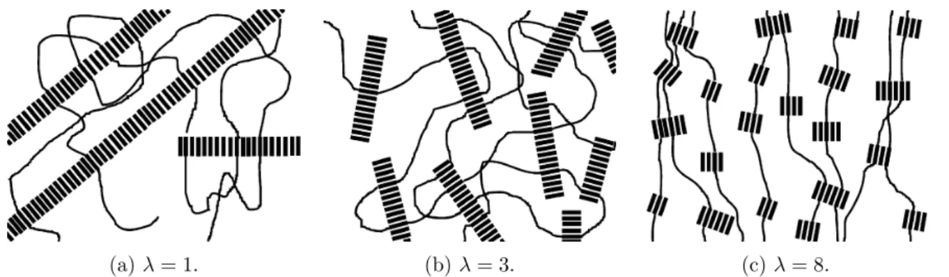 Figure 1.20: Schematic drawing of the structure of semicrystalline TPE under uniaxial (vertical) tensile test for different elongation ratio λ