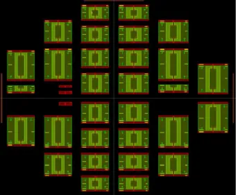 Figure 3-9. Layout of the CNT-based AF-SIW waveguides and calibration kits. 