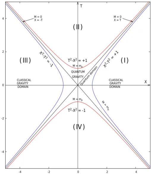 FIG. 2. The complete analytic extension of the QG variables (X, T ). Four regions are needed to cover the full manifold QG