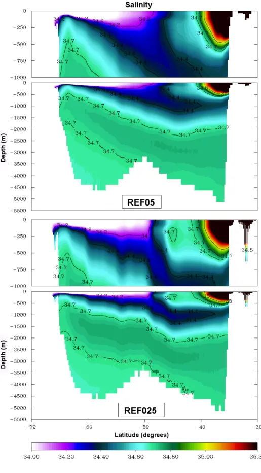 Fig. 4. Mean simulated salinity (1995–2004) along a meridional section at 115 ◦ E in the REF05 (top panel) and REF025 (bottom panel) with a zoom on the upper 1000 m