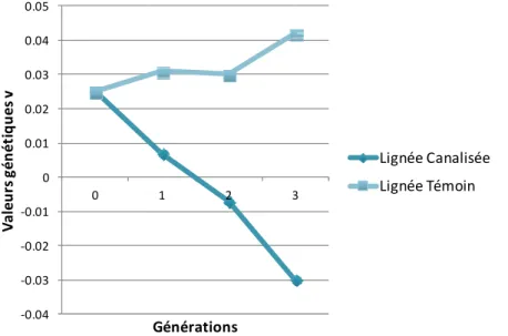 Figure 2- Evolution des phénotypes (moyenne du poids et variance du poids) au cours de la sélection  canalisante