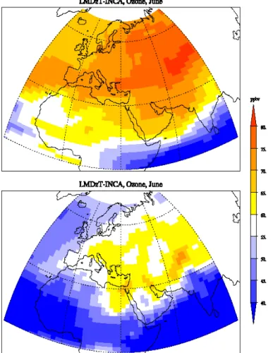 Figure 2. June monthly mean ozone concentrations in ppbV at 400mb (Upper panel) and 780  mb (lower panel) simulated by the LMDZ-INCA model
