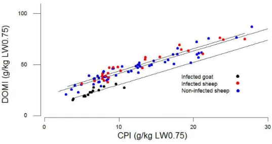 Figure 6: Relationship between Digestible Organic matter intake (DOMI) and Crude Protein  intake (only publications in which CPI has largely varied)