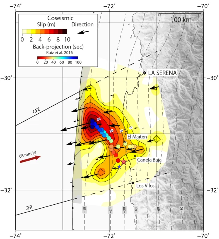 Fig. 4: Slip distribution of the preferred model of this study (red color scale), black arrows show  slip direction of slip