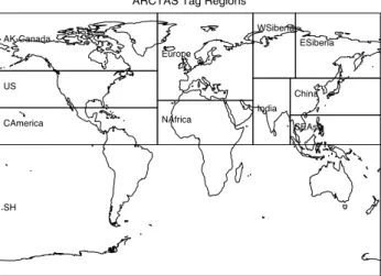 Fig. 3. Definition of regions tagged in the MOZART-4 model: Alaska/Canada (AK-Canada); U.S