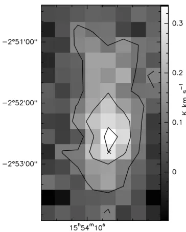 Fig. 2. JCMT map of the H 2 D + (1 10 -1 11 ) line. The dust peak po- po-sition (Pagani et al