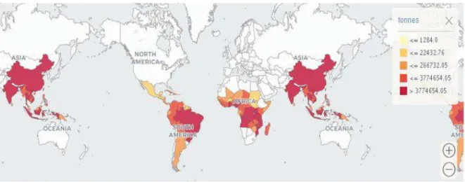 Figure 17 : Aire de production du manioc dans le monde de 1998 à 2018  (FAOstat, 12/06/2020) 