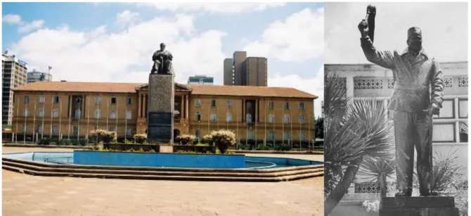 Fig 6: Kenyatta’s Statues outside the KICC (right) and Parliament Building (left)   (Source: Laragh Larsen, 2013) 