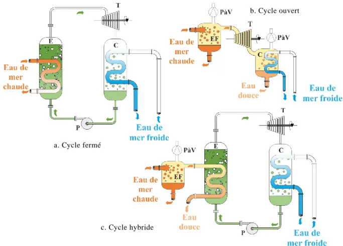 Figure 3. Représentation shématique des différents types de cycle applicable à l’ETM   E → Evaporateur ; C → Condenseur ; P → Pompe ; T → Turbine ;  