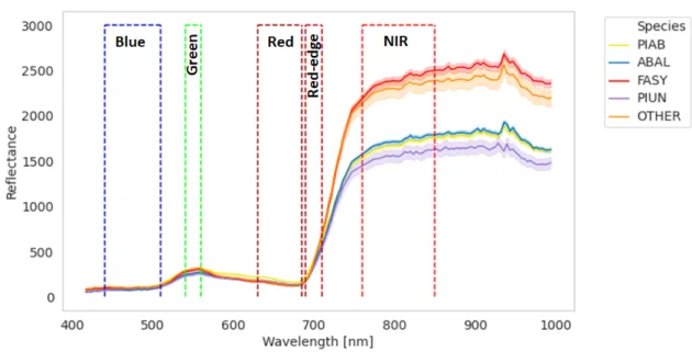 Figure 1.7: Mean spectral signatures of four main species located in the Chamrousse site, in the Northern Alpes, France: Abies alba (ABAL), Fagus sylvatica (FASY), Picea abies (PIAB), Pinus uncinata (PIUN) and “other&#34; species