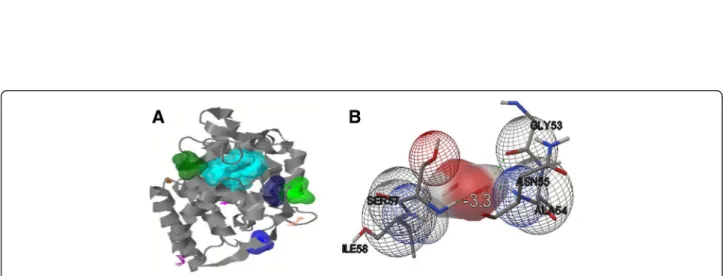 Figure 6 Active sites and interaction of receptor-ligand. Model of generated TapAPX protein showing ten active sites by Q-SiteFinder tool (in different colours) containing different amino acid residues