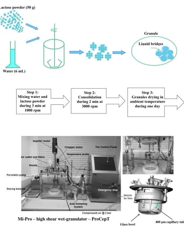 Figure 3.4 Granulation of lactose powder with a Mi-Pro 500 mL equipement (Pro-C-epT granulator) [125].