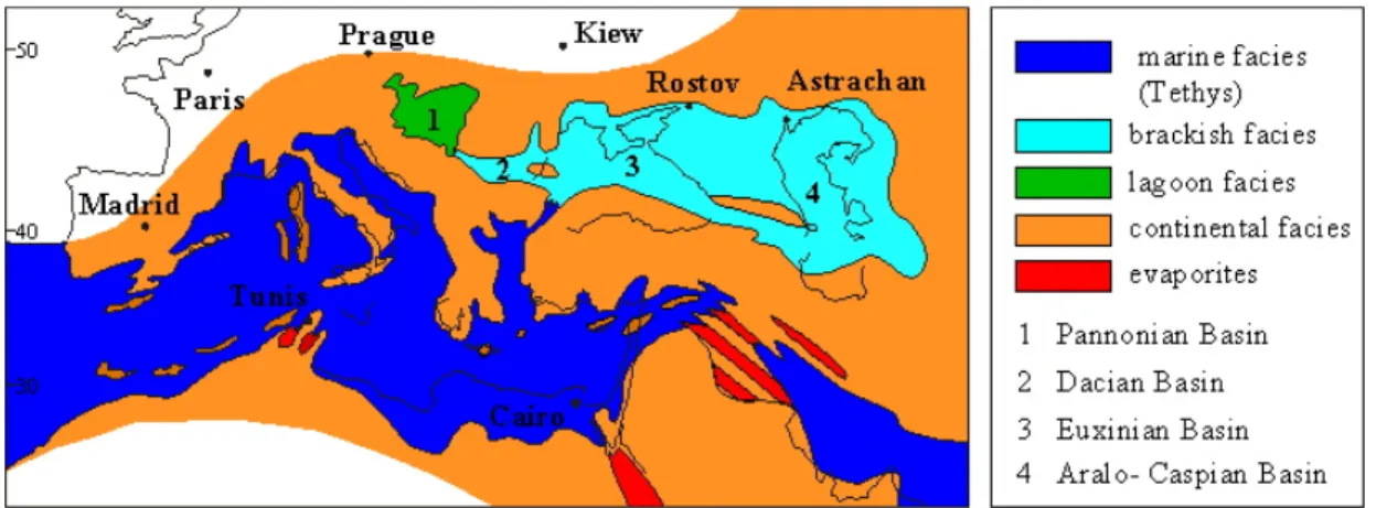 Fig. 3. Paléogéographie de la Méditerranée et de la Paratéthys au Tortonien (11–10 Ma) (Rögl et Steininger, 1983).