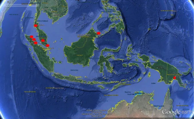 Figure 11. Carte de la région d’Asie du Sud-Est regroupant l’intégralité des zones d’échantillonnages