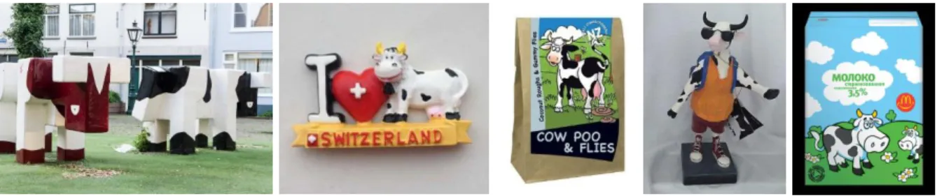 Fig. 2 Des représentations de la vache Holstein. De gauche à droite : une aire de jeu aux Pays-Bas, un 