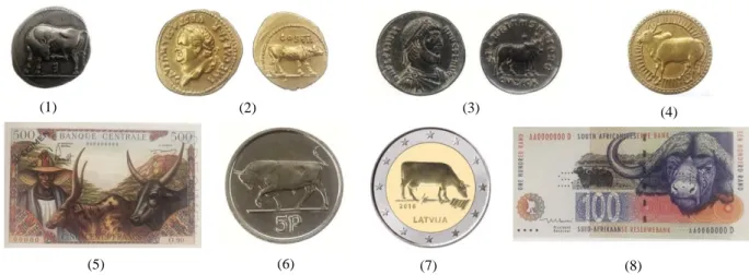 Fig. 13 Les représentations du bétail sur les supports monétaires à différentes époques par différents États