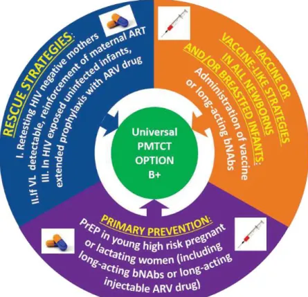 Figure  1.6.  Intégration  de  stratégies  préventives  complémentaires  à  l’option  B+  pour  prévenir la transmission mère-enfant du VIH