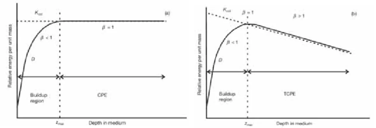 Figure 1.23 – Relation entre le K coll et la dose absorbée. A gauche cas théorique, à droite cas réel.