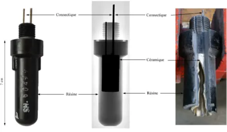 FIGURE 1.15 – Hydrophone Rafos en vue externe, en radiographie et en vue interne.