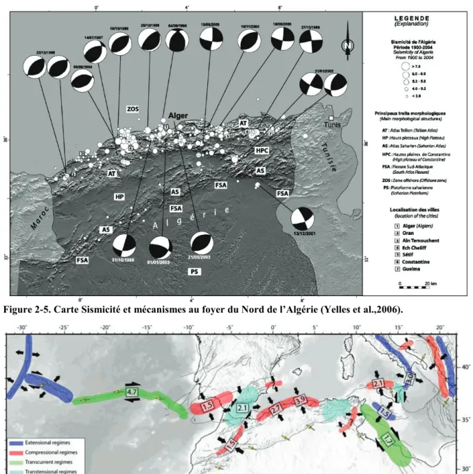 Figure 2-5. Carte Sismicité et mécanismes au foyer du Nord de l’Algérie (Yelles et al.,2006)