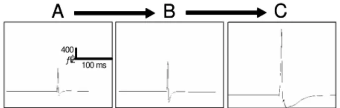 Fig.  5.  Simulated  epileptic  spikes  obtained  for  (A  B)  increased  AMPAergic  currents  and  reduced  GABAergic  on  PYR  cells  and  for  (B  C) increased GABA A  reversal potential