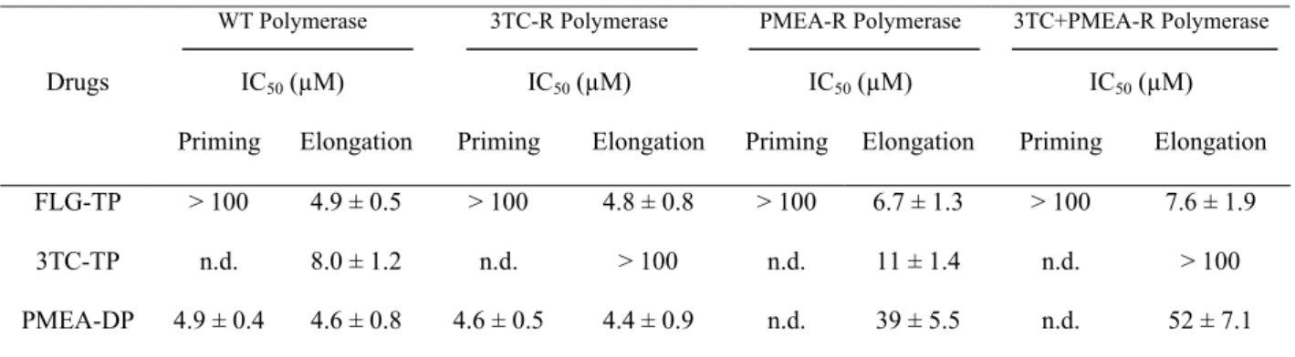 Table 1. Inhibitory activity of FLG-TP in comparison with 3TC and PMEA on the priming and  elongation activity of wild-type and mutant DHBV reverse transcriptases