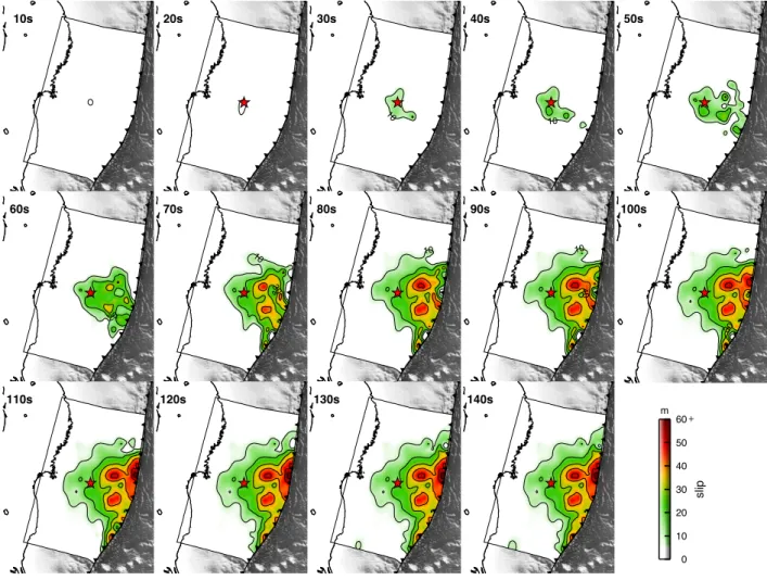 Figure II.2 – Cumulative rupture snapshots with 10 s time windows. The slip contour in the ﬁrst time window is 5 m