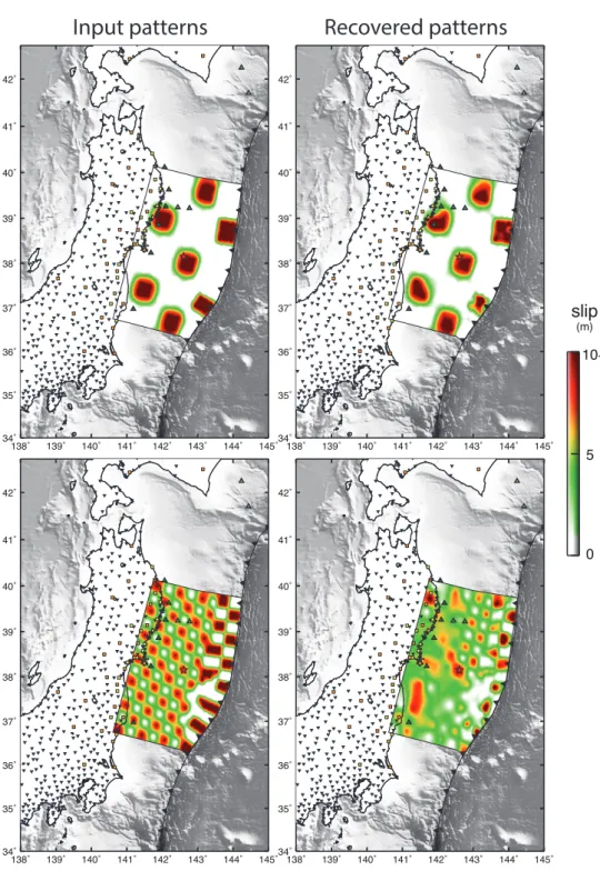 Figure II.S8 – Resolution tests. Left : input patterns : patchworks of 60 km by 60 km (top) and 30 km by 30 km (bottom) squares