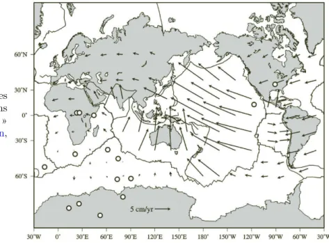 Figure I.2 – Carte mondiale des vitesses absolues des plaques dans le référentiel type « points chauds » HS3-NUVEL1A [Gripp et Gordon, 2002].