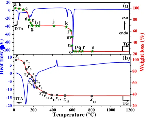 Figure 57 : ATG-ATD des nitrates précurseurs sur la plage 20-1200 °C (a) nitrate de calcium, (b) nitrate de  zirconyle 