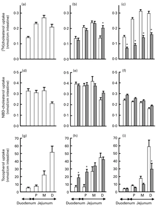 Fig. 3. Comparison of [ 3 H]-, 22-(N-(7-nitrobenz-2-oxa-1,3-diazol-4-yl)amino)-23,24-bisnor-5-cholen-3-ol (NBD)-cholesterol and tocopherol uptakes along the duo- duo-denal – jejunal axis of mouse intestine in wild-type (wt), scavenger receptor class B type