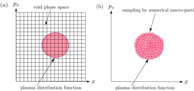 Figure 2.1: Kinetic plasma simulations: (a) Vlasov method, using an Eulerian grid in the phase space