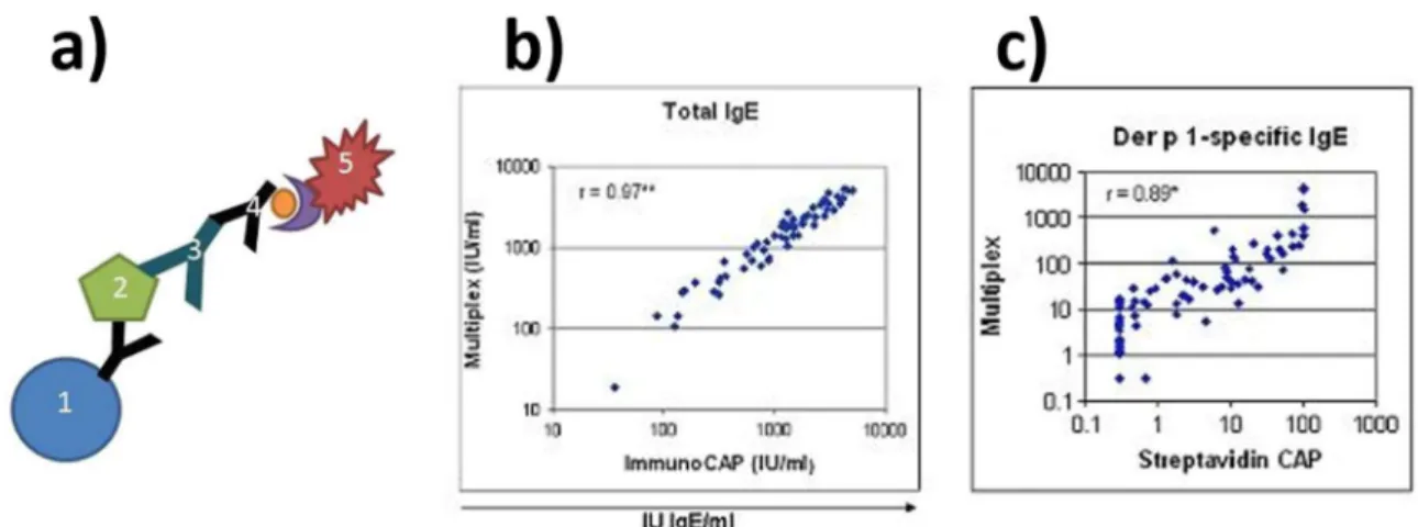 Figure 1.16 : a) Schéma de principe de l’immunodosage des microparticules Luminex 39 , b) comparaison  des concentrations en anticorps IgE totaux mesurées par technologie ImmunoCAP® et microparticules  Luminex (Multiplex)  38 , c) Comparaison des concentra