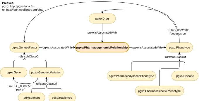 Figure 3.1: Main classes and object properties of PGxO. The central classes of the ontology is PharmacogenomicRelationship