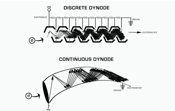 Figure 16 : Schéma du principe de la cascade d’électrons à l’intérieur d’un détecteur SEM à dynodes discrètes (haut) ou continue  (bas)  41