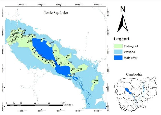 Figure  3.1  Map  showing  the  fishing  lots  surrounding  the  floodplain  of  Tonle  Sap  Lake  in  Cambodia