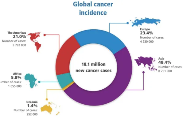 Figure 1 : Répartition mondiale du taux d’incidence de cancer en 2018 [3]. 