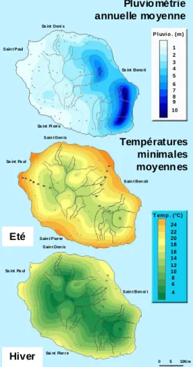 Figure 1.9. Pluviométrie, températures  estivales et hivernales à La Réunion.