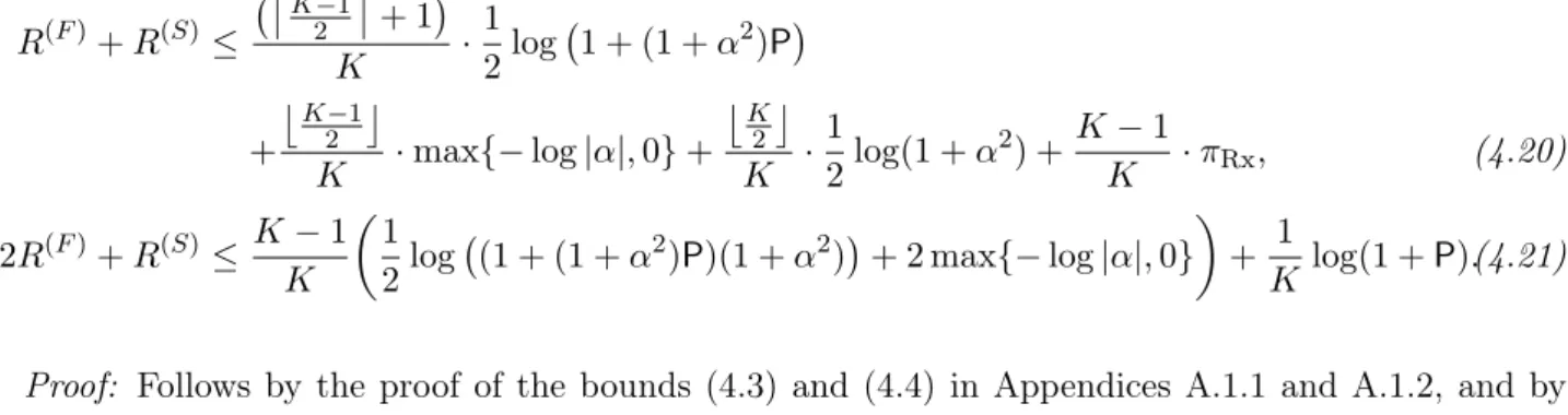 Fig. 4.6 illustrates the outer bound on the capacity-region in Theorem 4 and the inner bound in Theo- Theo-rem 3 when this latter is evaluated for jointly Gaussian distributions on the inputs and the auxiliaries