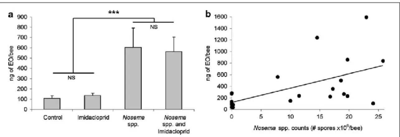 Figure  1.  Effect  of Nosema  infection  and/or  imidacloprid  exposure  on  EO  production  in  honey  bee  workers